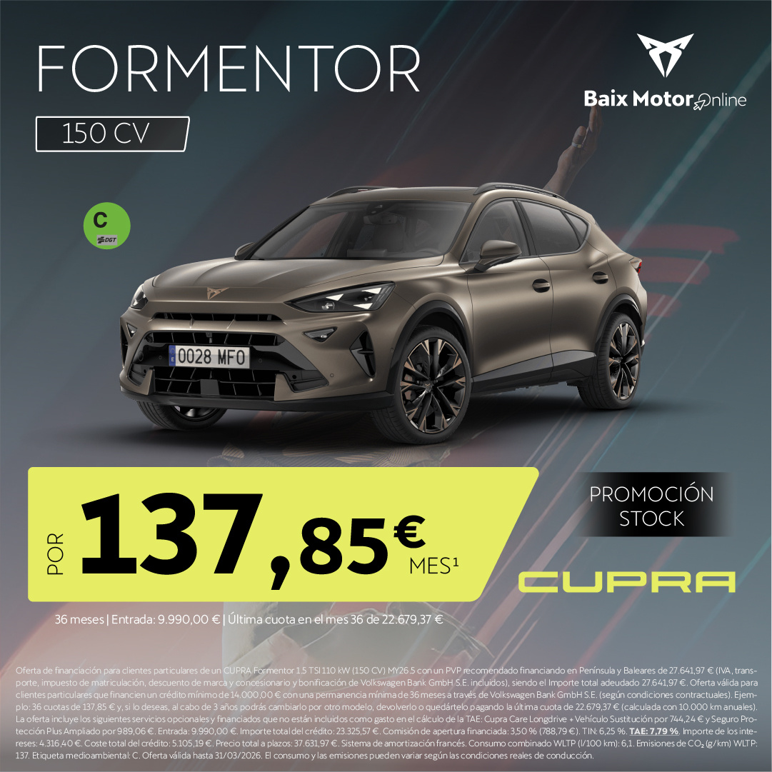 ¡Promoción Stock! Cupra Formentor TSI por sólo 138€/mes*
