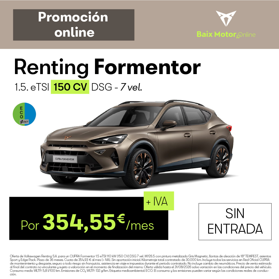 ¡Sin entrada! Renting CUPRA Formentor por 354,55 €/mes + IVA