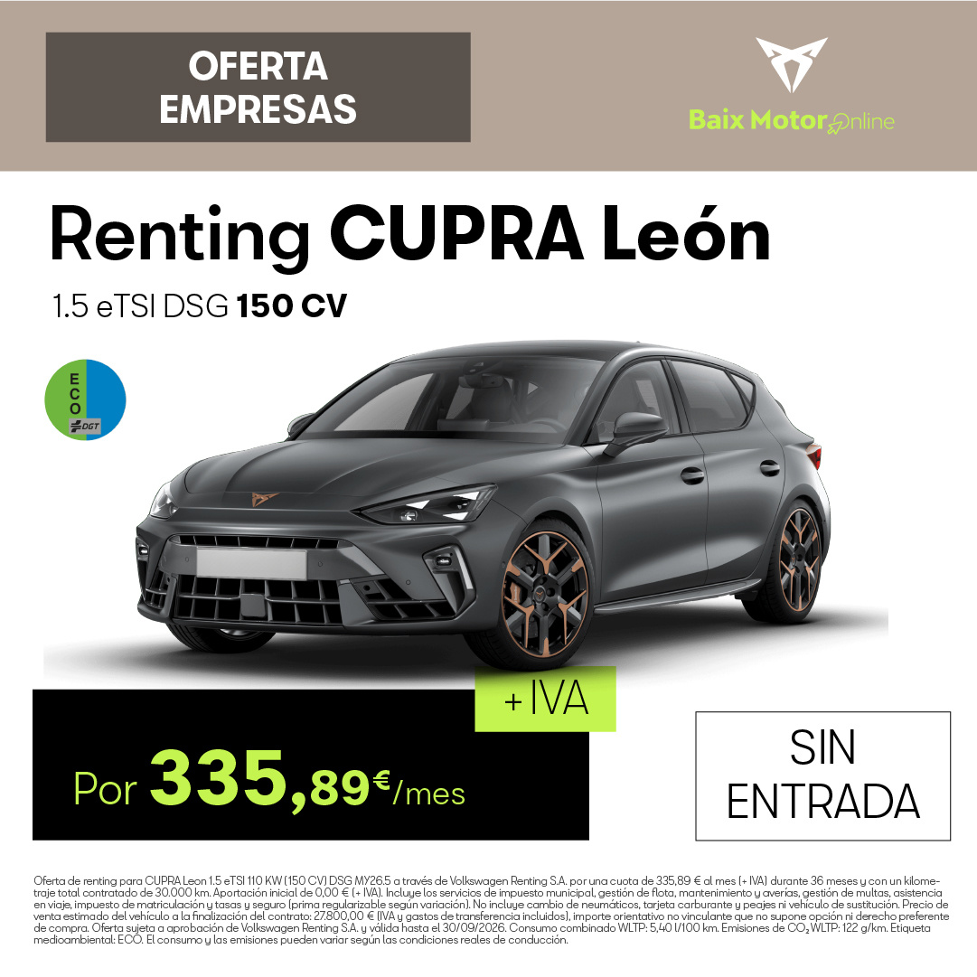 ¡Sin entrada! Renting CUPRA León por 335,89€/mes + IVA
