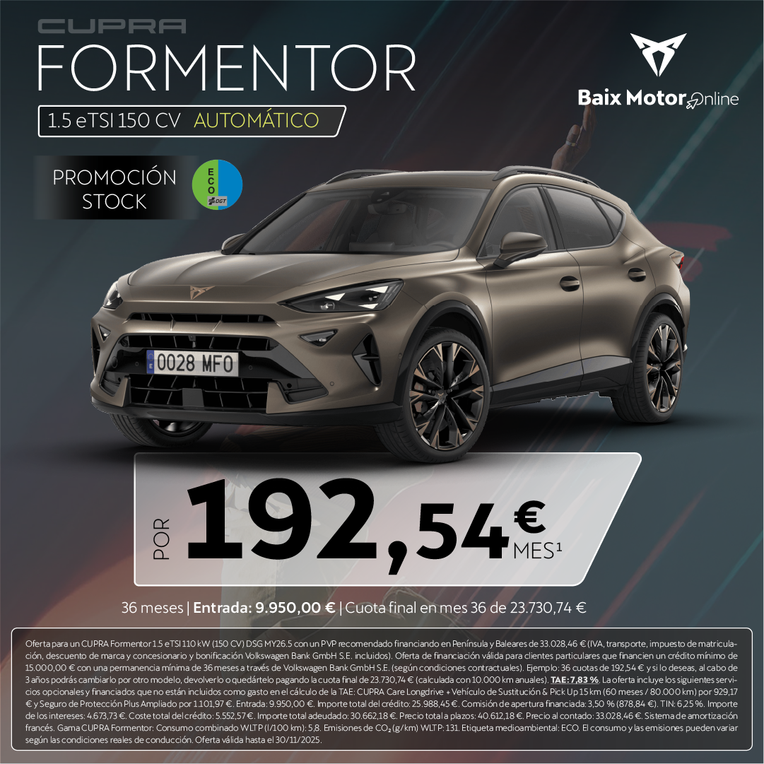 ¡Promoción Stock! Formentor híbrido por sólo 193€/mes*