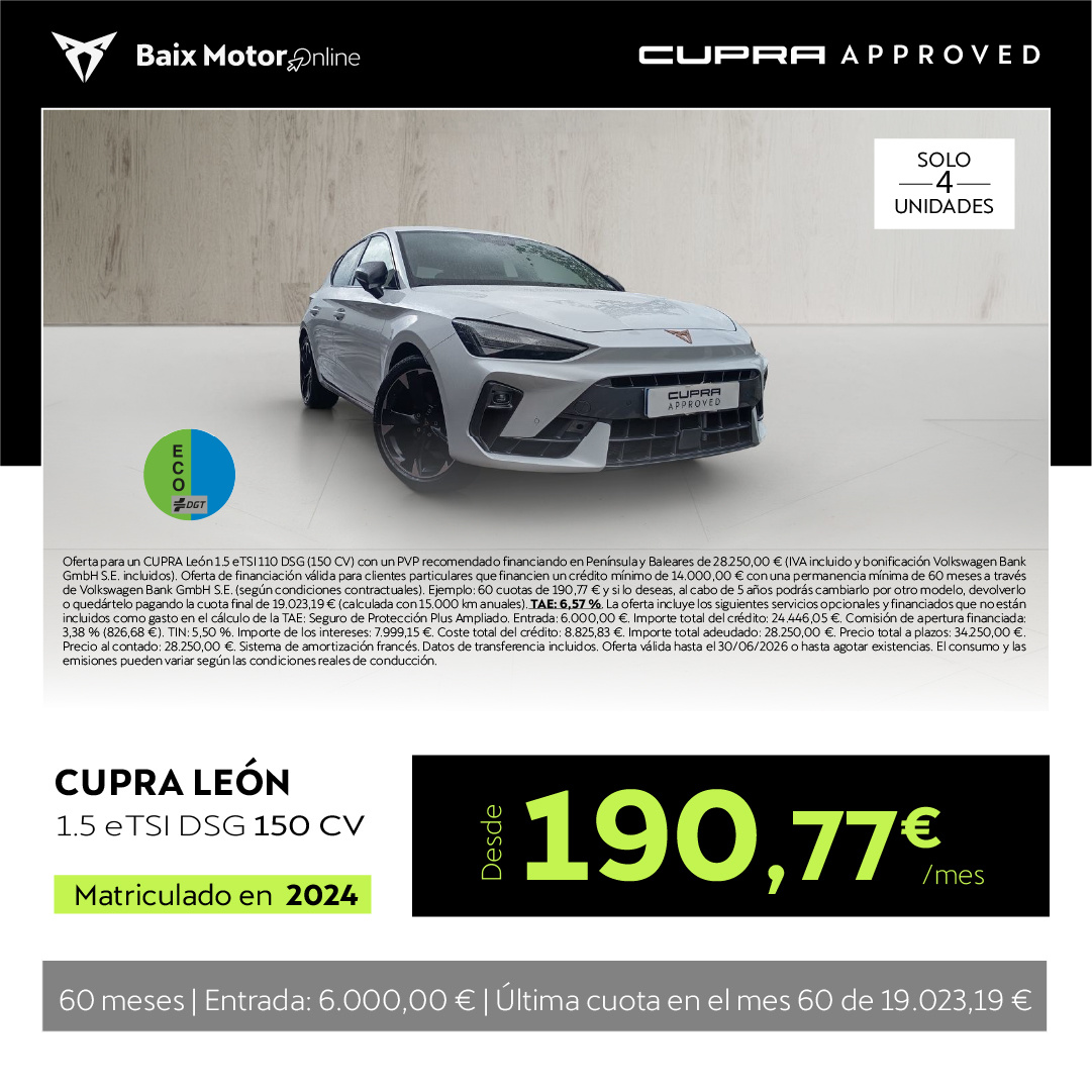 ¡OCASIÓN! Cupra León eTSI 150 CV por sólo 190€/mes*