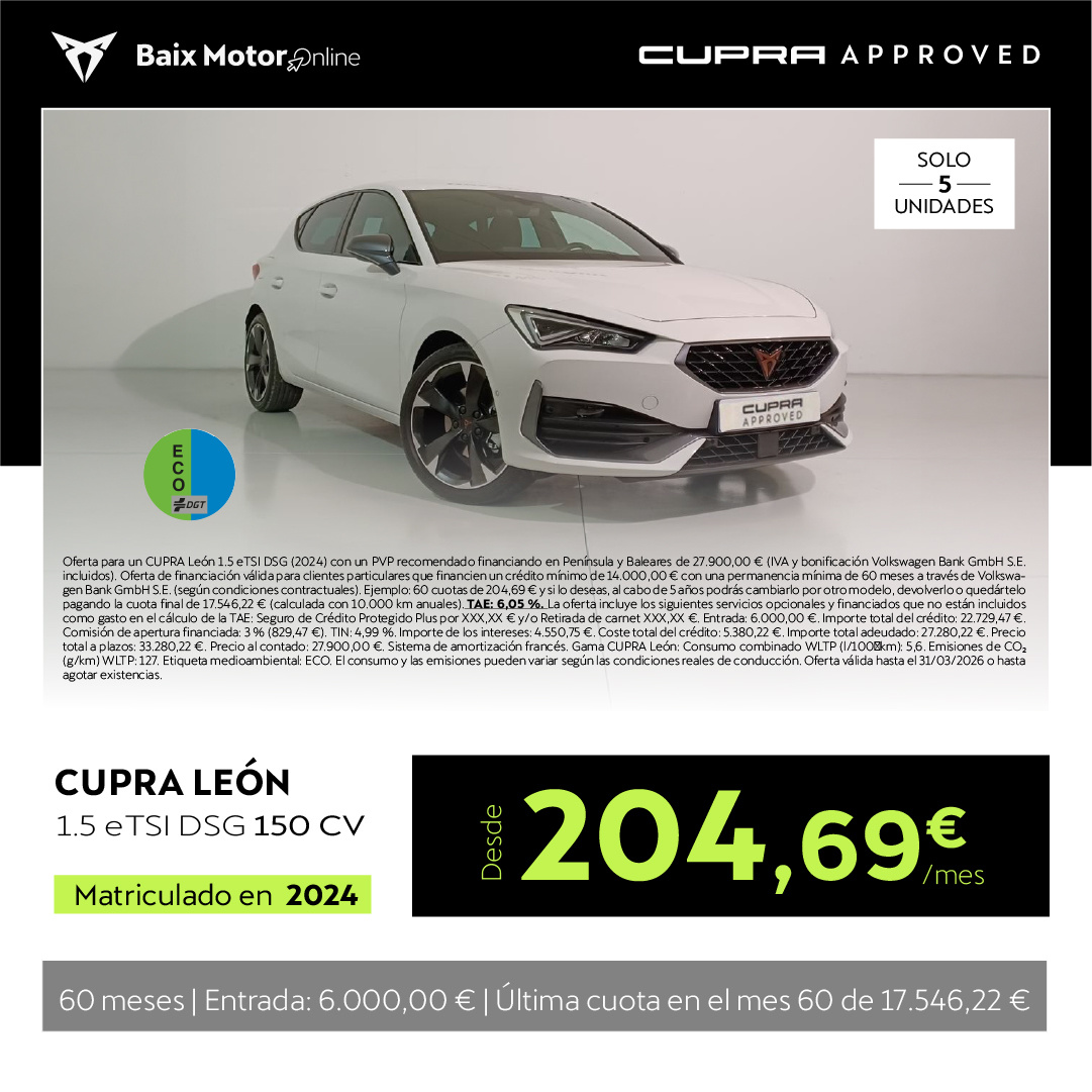 ¡OCASIÓN! Cupra León 150CV DSG por sólo 204,69€/mes*