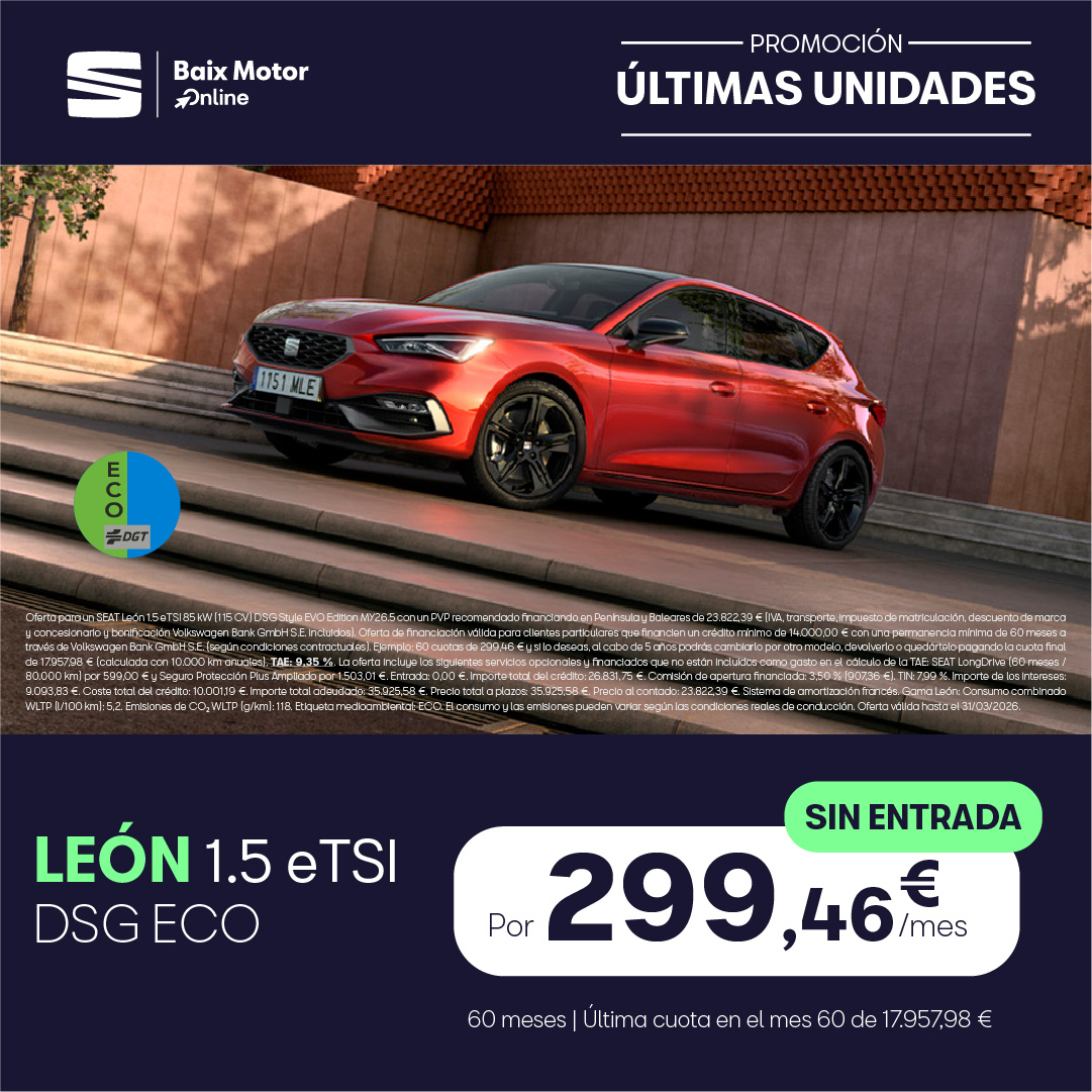 SEAT León  eTSI DSG por 299€/mes ¡SIN ENTRADA!