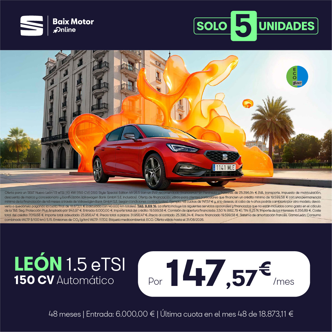 ¡Unidades limitadas! SEAT León DSG por 147,57€/mes