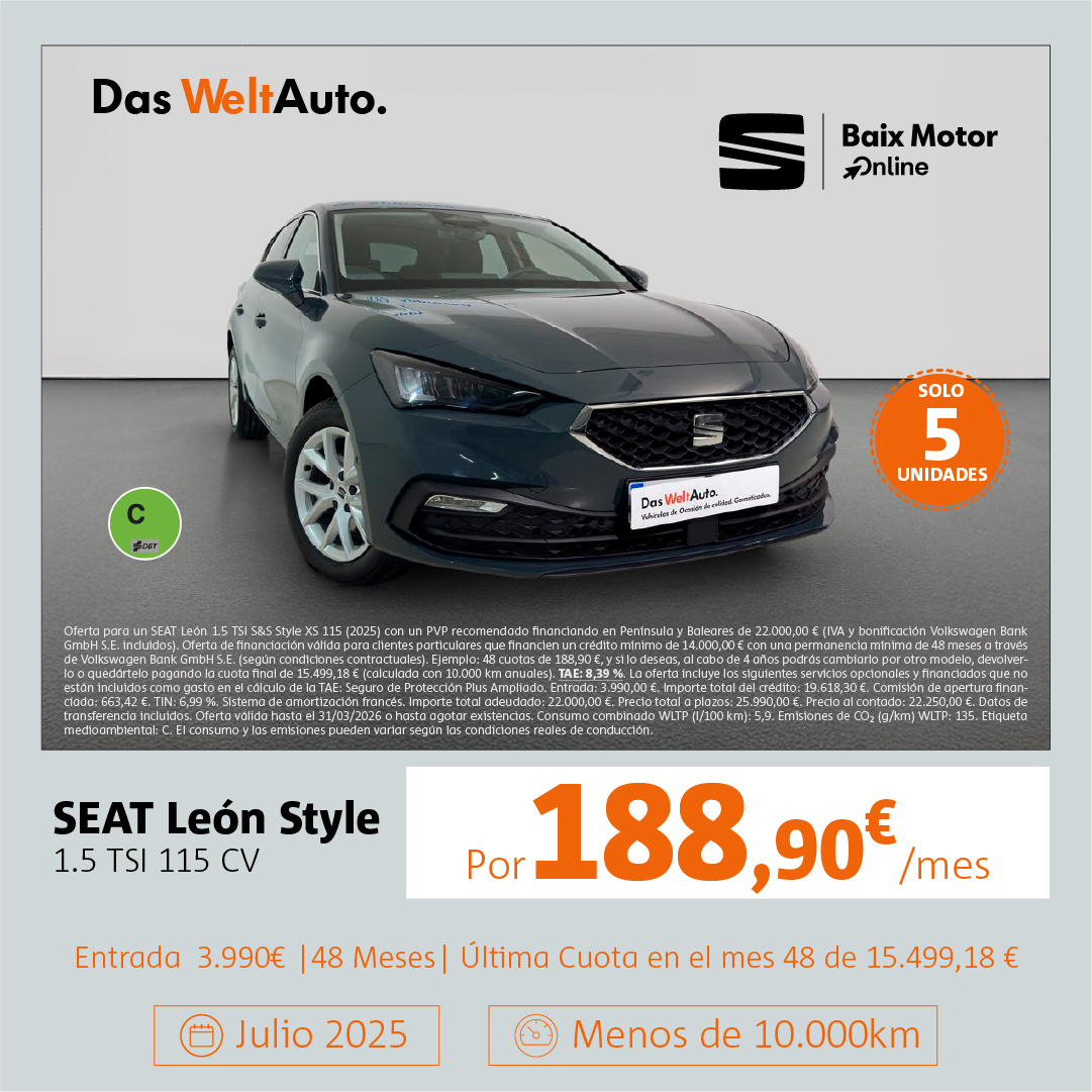 ¡Sólo 5 unidades! Seat León Style por 188,9€/mes*