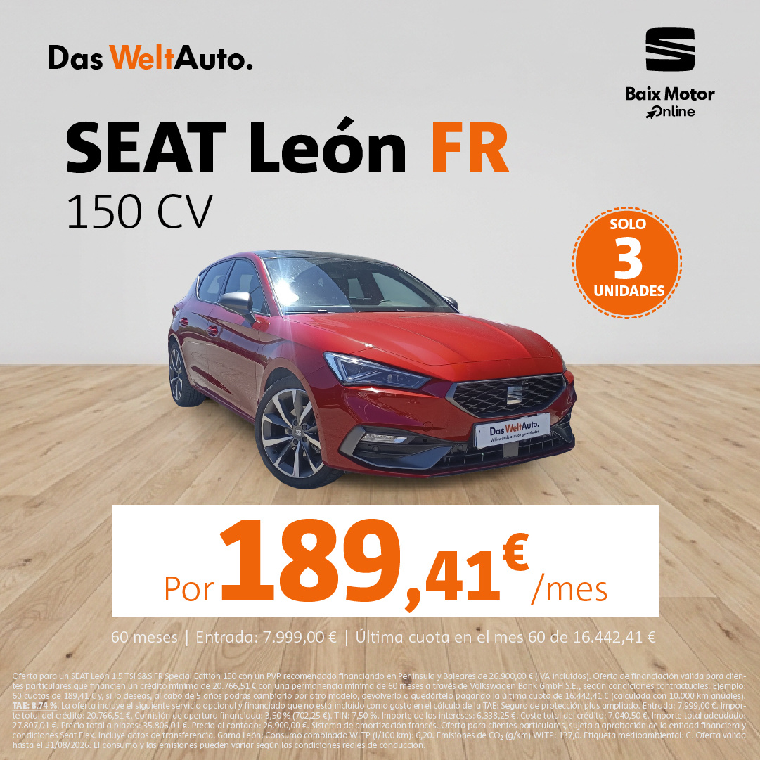 ¡Sólo 5 unidades! Seat León FR por 189€/mes*