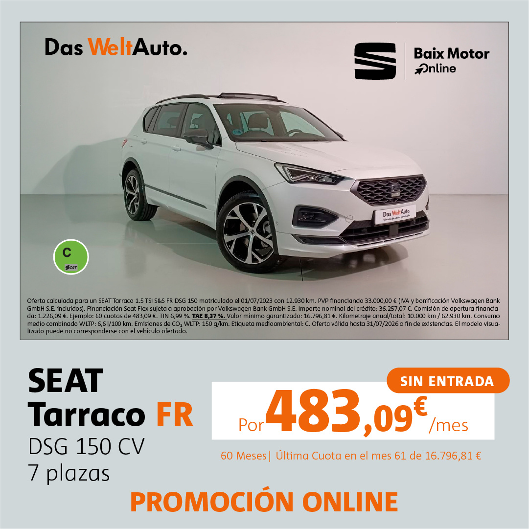 ¡Sin entrada! Seat Tarraco FR por 483€/mes*
