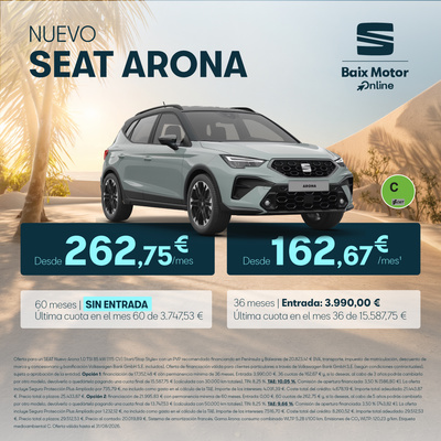 Nuevo SEAT Arona FR DSG por 162,70 €/mes o 262,75€/mes ¡Sin Entrada! Nuevo SEAT Arona FR DSG por 162,70 €/mes o 262,75€/mes ¡Sin Entrada!