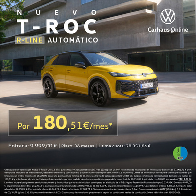 ¡Nuevo T-Roc 2026 R-Line por 180€/mes*! ¡Nuevo T-Roc 2026 R-Line por 180€/mes*!
