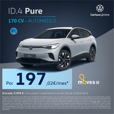 ¡Promoción Stock! ID.4 Pure por solo 197€/mes* ¡Promoción Stock! ID.4 Pure por solo 197€/mes*