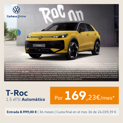 ¡Novedad! Nuevo T-Roc 2026 automático por 169,23€/mes* ¡Novedad! Nuevo T-Roc 2026 automático por 169,23€/mes*