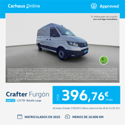 ¡Entrega inmediata! Volkswagen Crafter Furgón por 396,76 €/mes* ¡Entrega inmediata! Volkswagen Crafter Furgón por 396,76 €/mes*