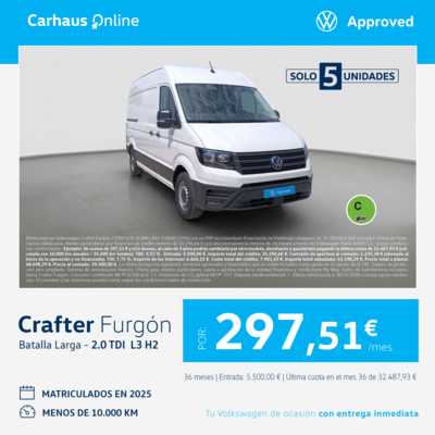 ¡Solo 5 unidades! Crafter Furgón Batalla Larga por 297,51€/mes* ¡Solo 5 unidades! Crafter Furgón Batalla Larga por 297,51€/mes*