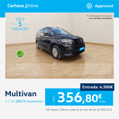 ¡Solo 5 unidades! Volkswagen Multivan 150 CV Automática por 356,80 €/mes ¡Solo 5 unidades! Volkswagen Multivan 150 CV Automática por 356,80 €/mes