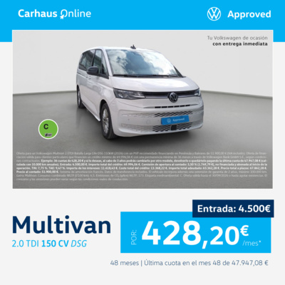 ¡Solo 5 unidades! Volkswagen Multivan 150 CV Automática por 428,20 €/mes ¡Solo 5 unidades! Volkswagen Multivan 150 CV Automática por 428,20 €/mes