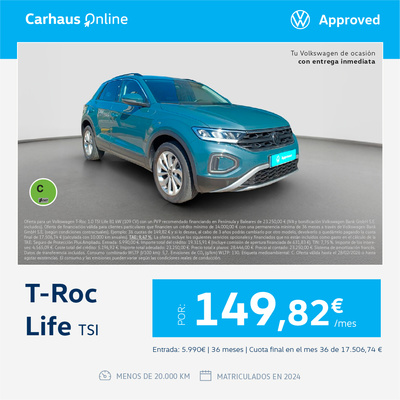 ¡Ocasión! T-Roc Life TSI por sólo 149,82€/mes ¡Ocasión! T-Roc Life TSI por sólo 149,82€/mes
