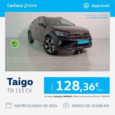 ¡Ocasión! Taigo TSI por 128,36€/mes* ¡Ocasión! Taigo TSI por 128,36€/mes*
