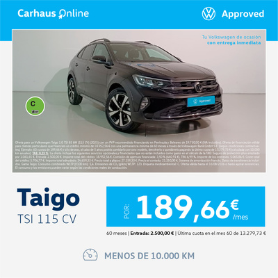 ¡Entrega inmediata! Volkswagen Taigo por 189,66€/mes ¡Entrega inmediata! Volkswagen Taigo por 189,66€/mes