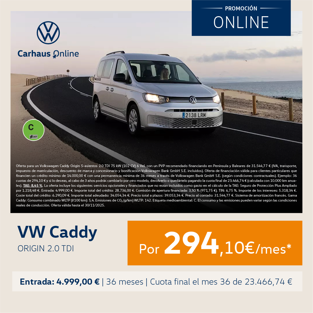 ¡Stock limitado! Caddy Origin TDI por 294,10€/mes*