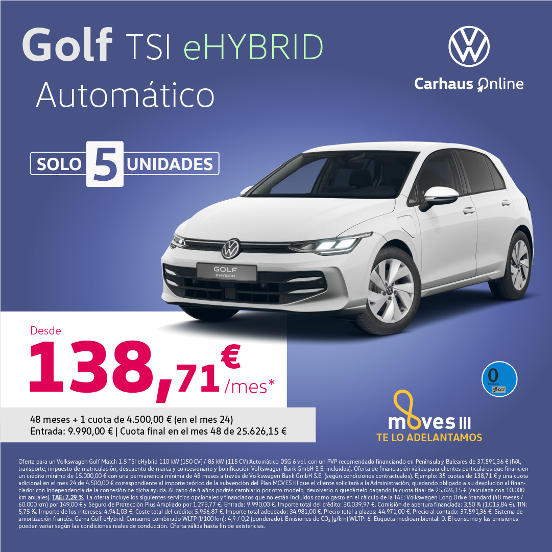 ¡Promoción! Golf e-HYBRID Automático desde 139€/mes*