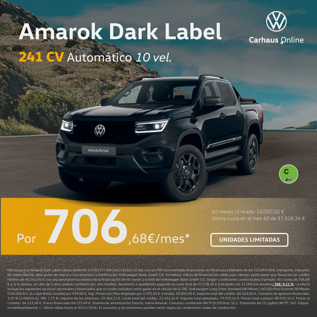 ¡Unidades limitadas! Volkswagen Amarok Dark Label 241 CV por 706,68 €/mes*