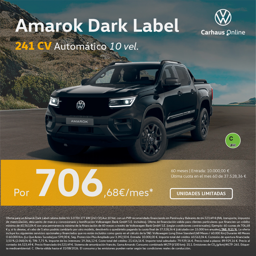 ¡Unidades limitadas! Volkswagen Amarok Dark Label 241 CV por 706,68 €/mes