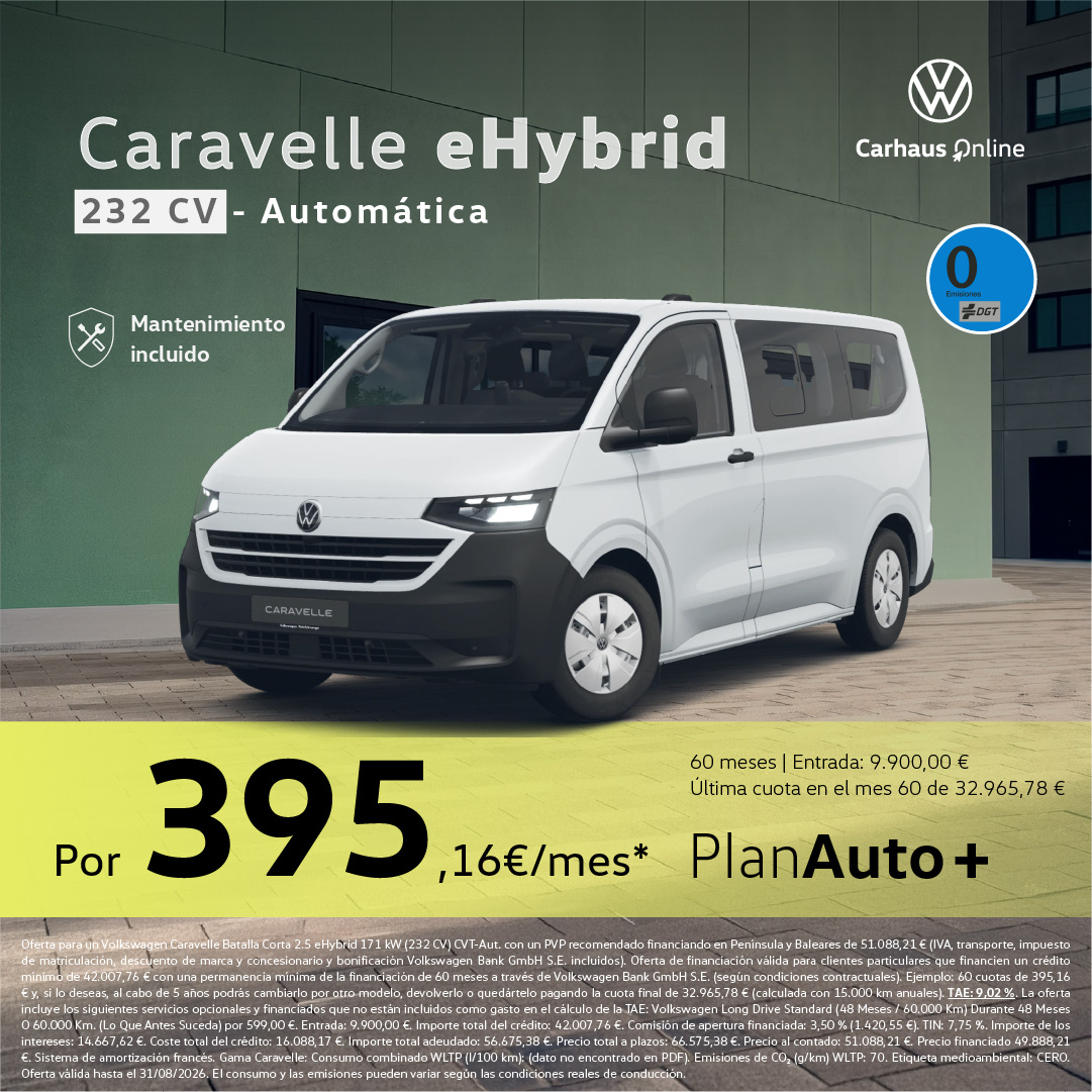 ¡PlanAuto+! Volkswagen Caravelle eHybrid 232 CV por 395,16 €/mes