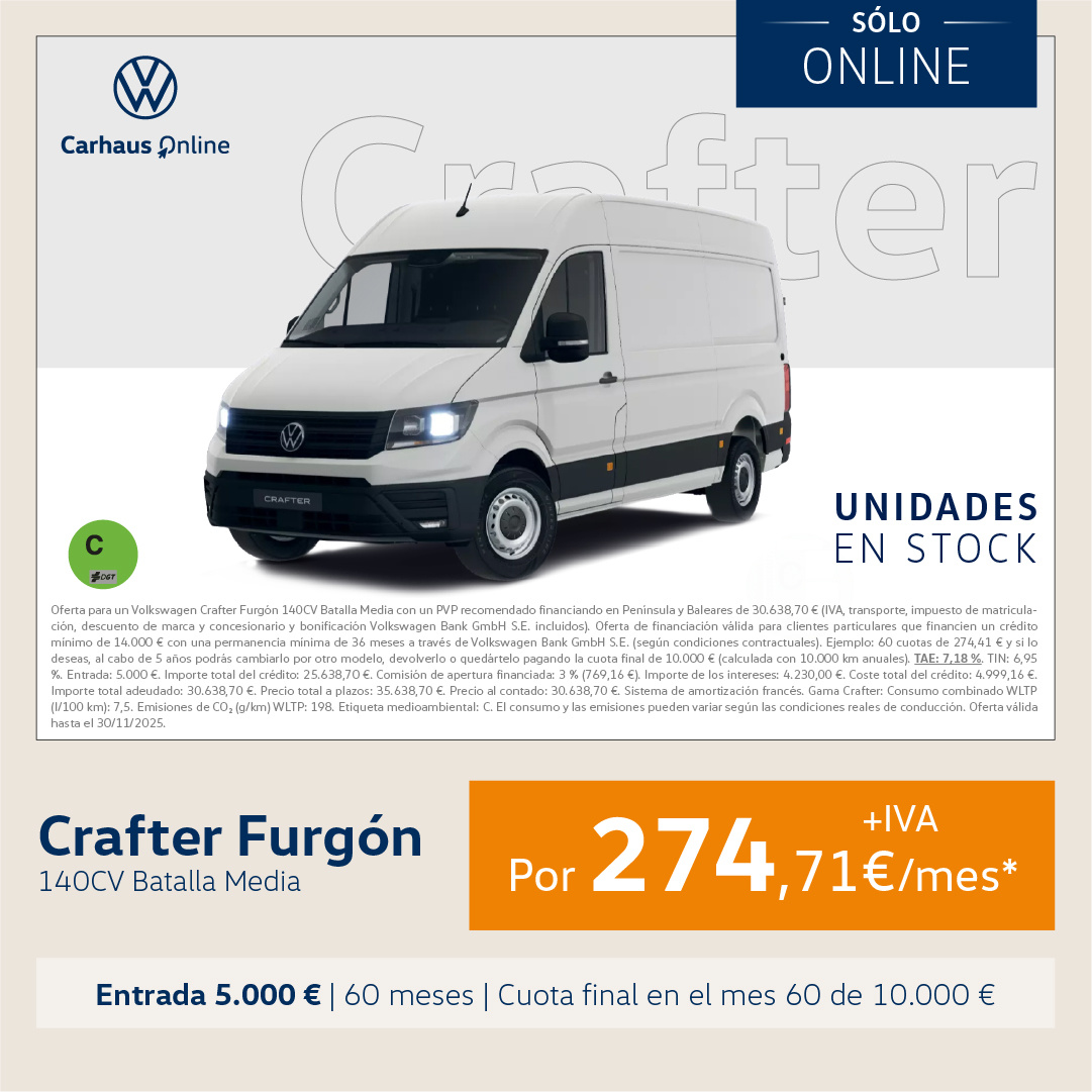 ¡Solo Online! Volkswagen Crafter Batalla Media por 274,71€/mes*