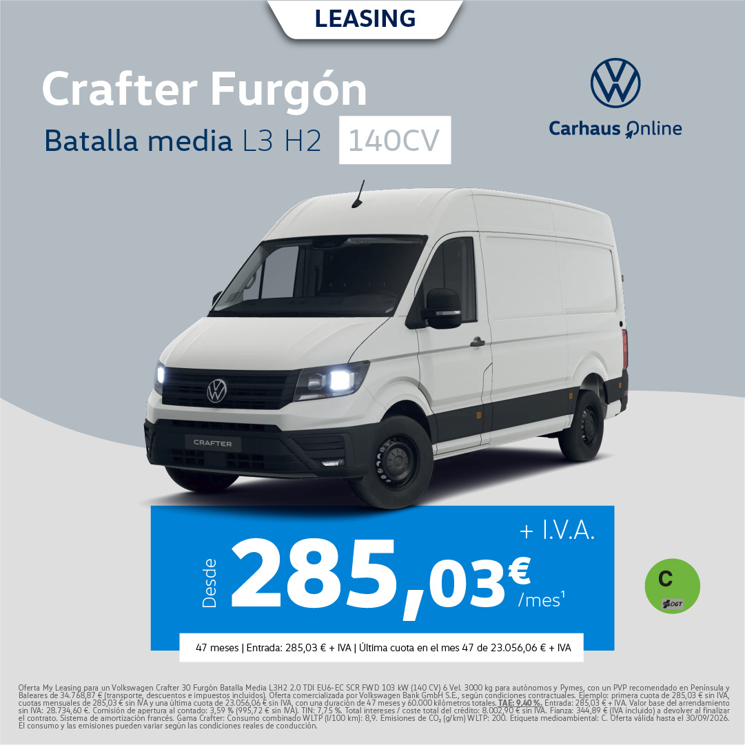 Crafter Furgón L3 H2 desde 285,03€/mes + IVA