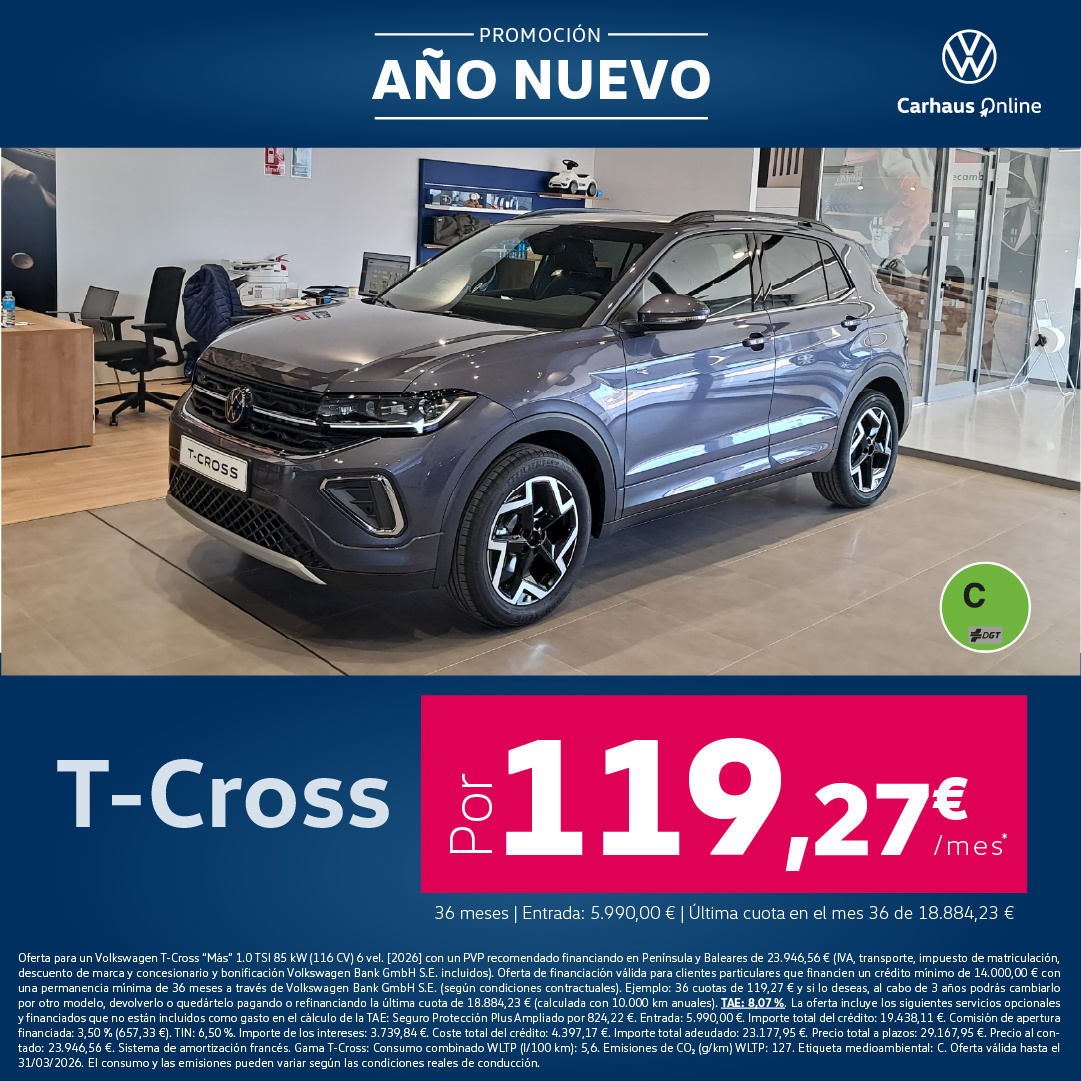 ¡Promoción de año nuevo! T-Cross Más por 119,27€/mes*