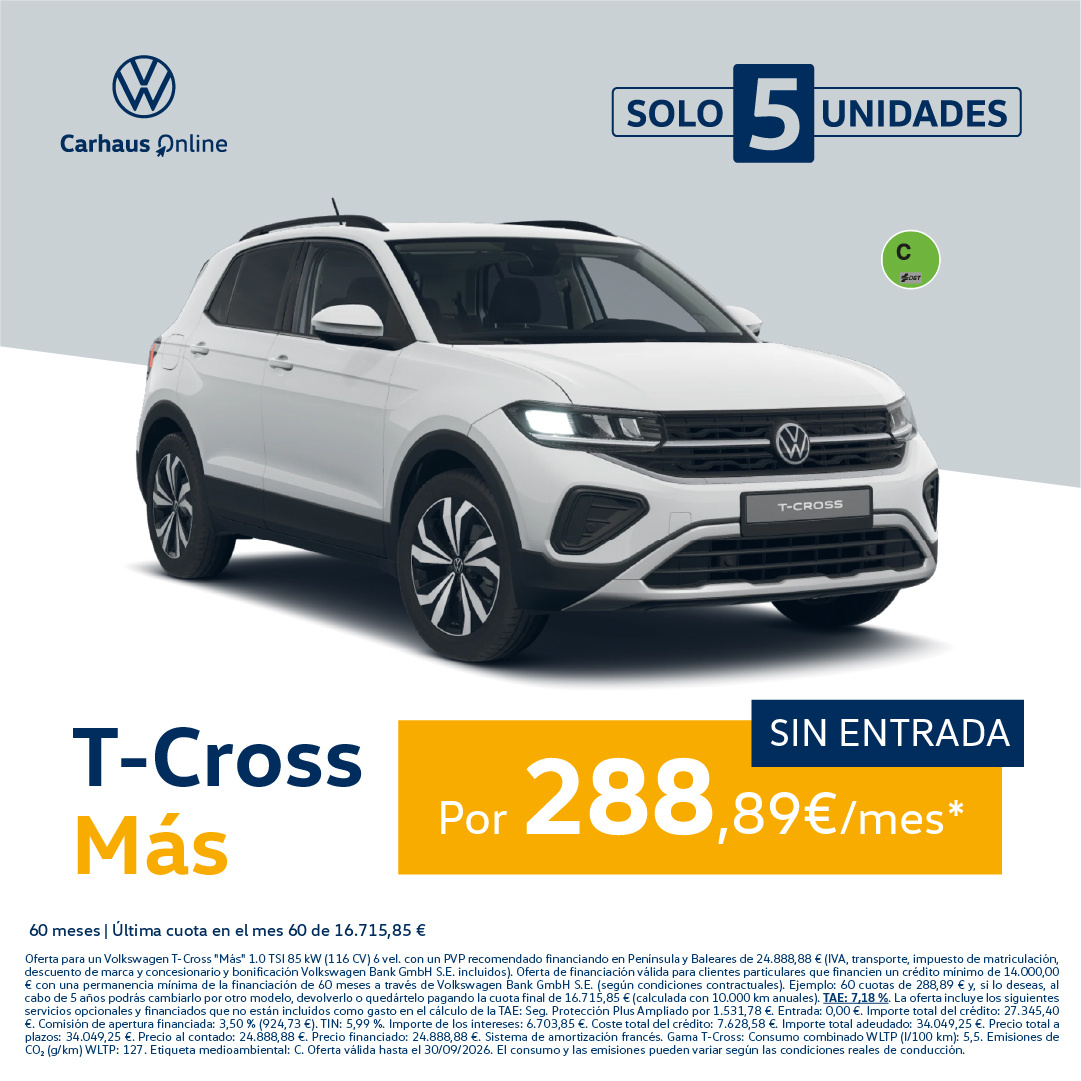 ¡Sin entrada! Nuevo T-Cross Más por 288,89€/mes