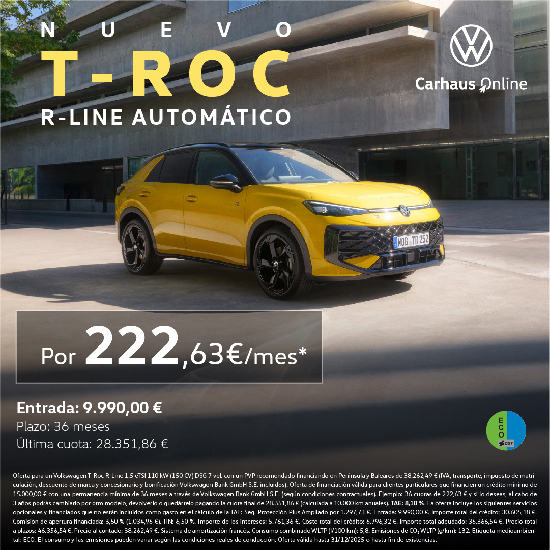 ¡Nuevo T-Roc 2026 R-Line por sólo 223€/mes*!