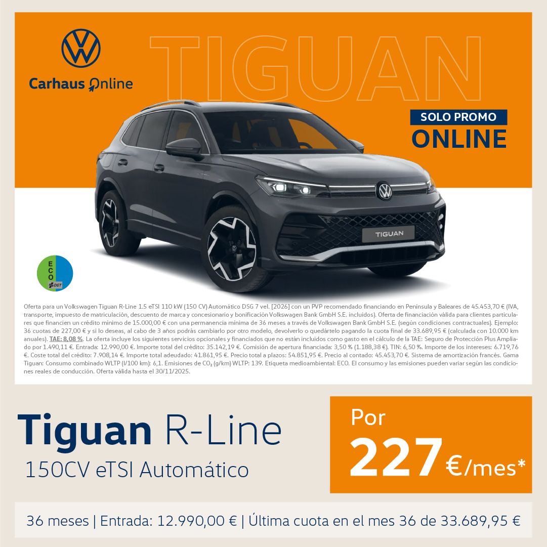 ¡Solo Online! Tu Tiguan R-Line por 227€/mes*
