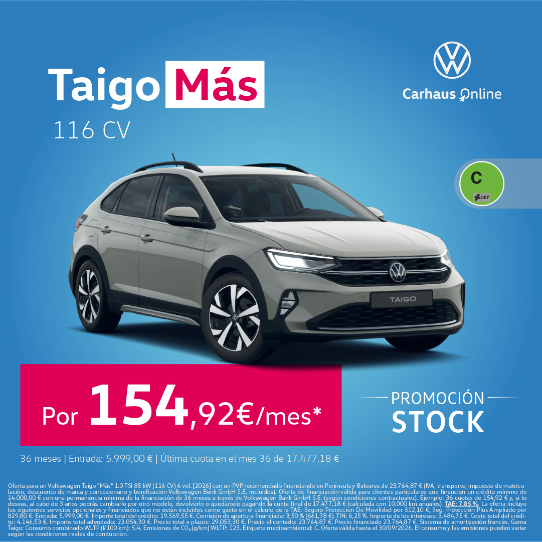 ¡Promoción Stock! Nuevo Taigo Más por 154,92€/mes