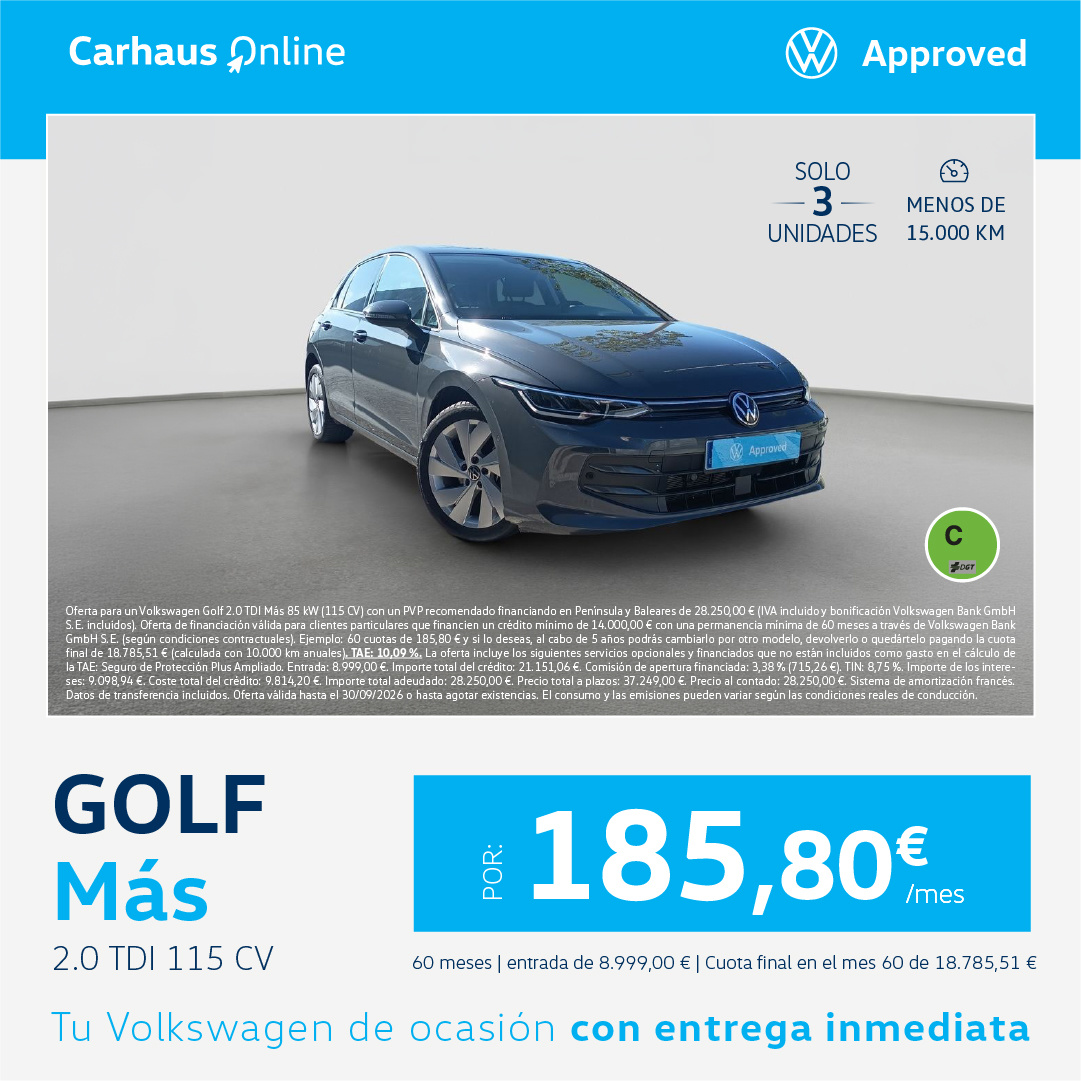 ¡Solo 3 unidades! Golf Más por 185,80€/mes