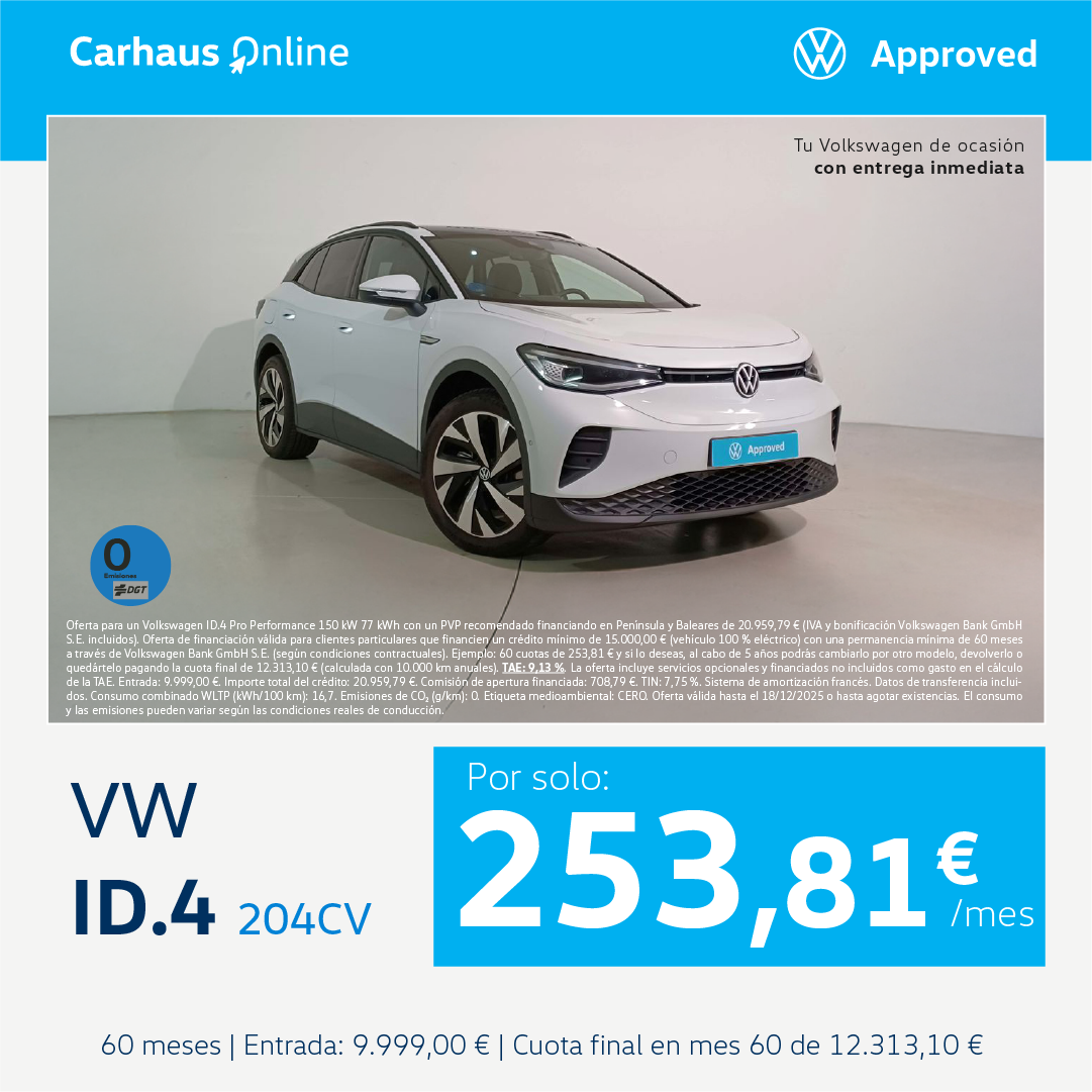 ¡Ocasión única! ID.4 por solo 253,81€/mes*