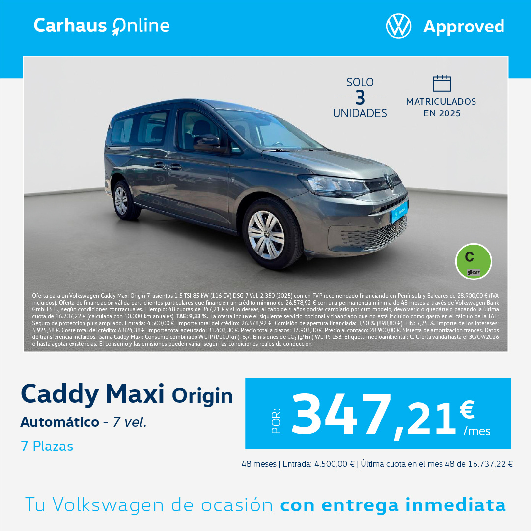 ¡Solo 3 unidades! Volkswagen Caddy Maxi 7 plazas por 347,21€/mes*