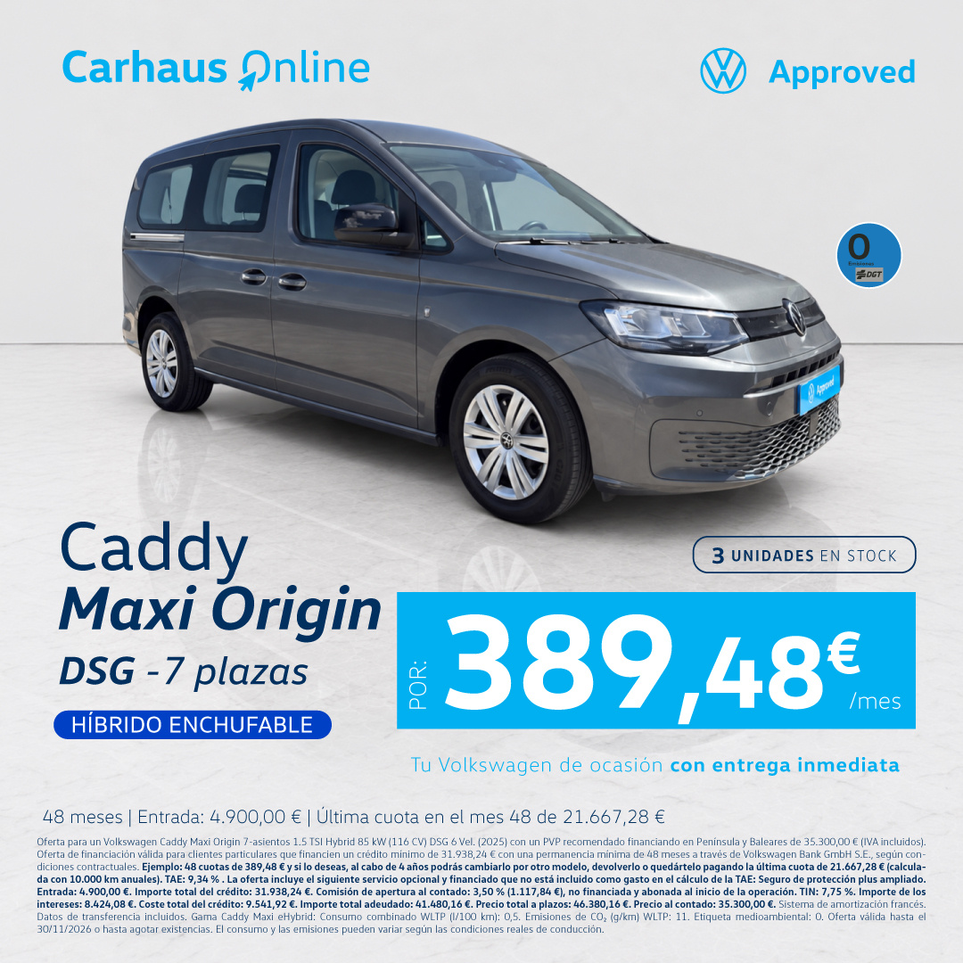 ¡Solo 3 unidades! Caddy Maxi eHybrid por 389,48 €/mes