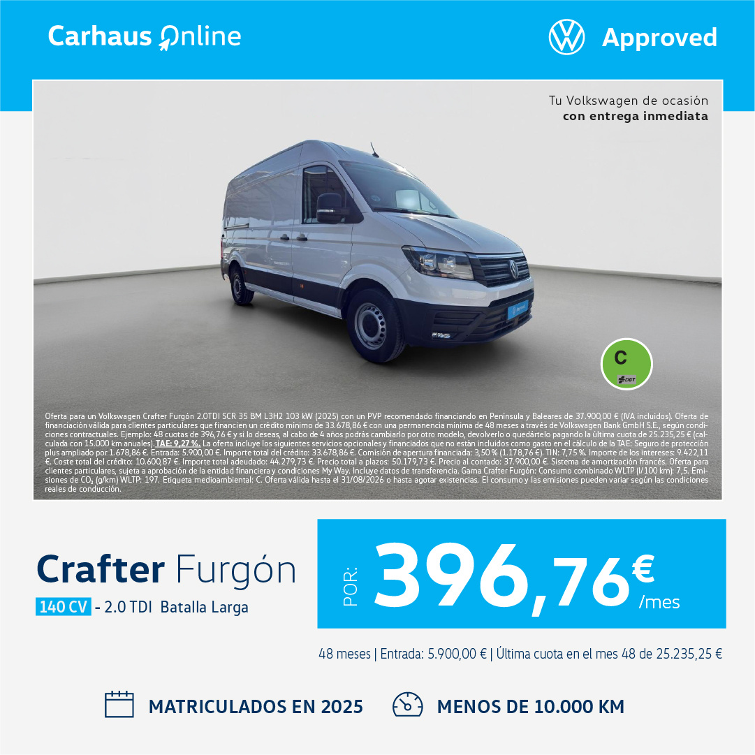 ¡Entrega inmediata! Volkswagen Crafter Furgón por 396,76 €/mes*