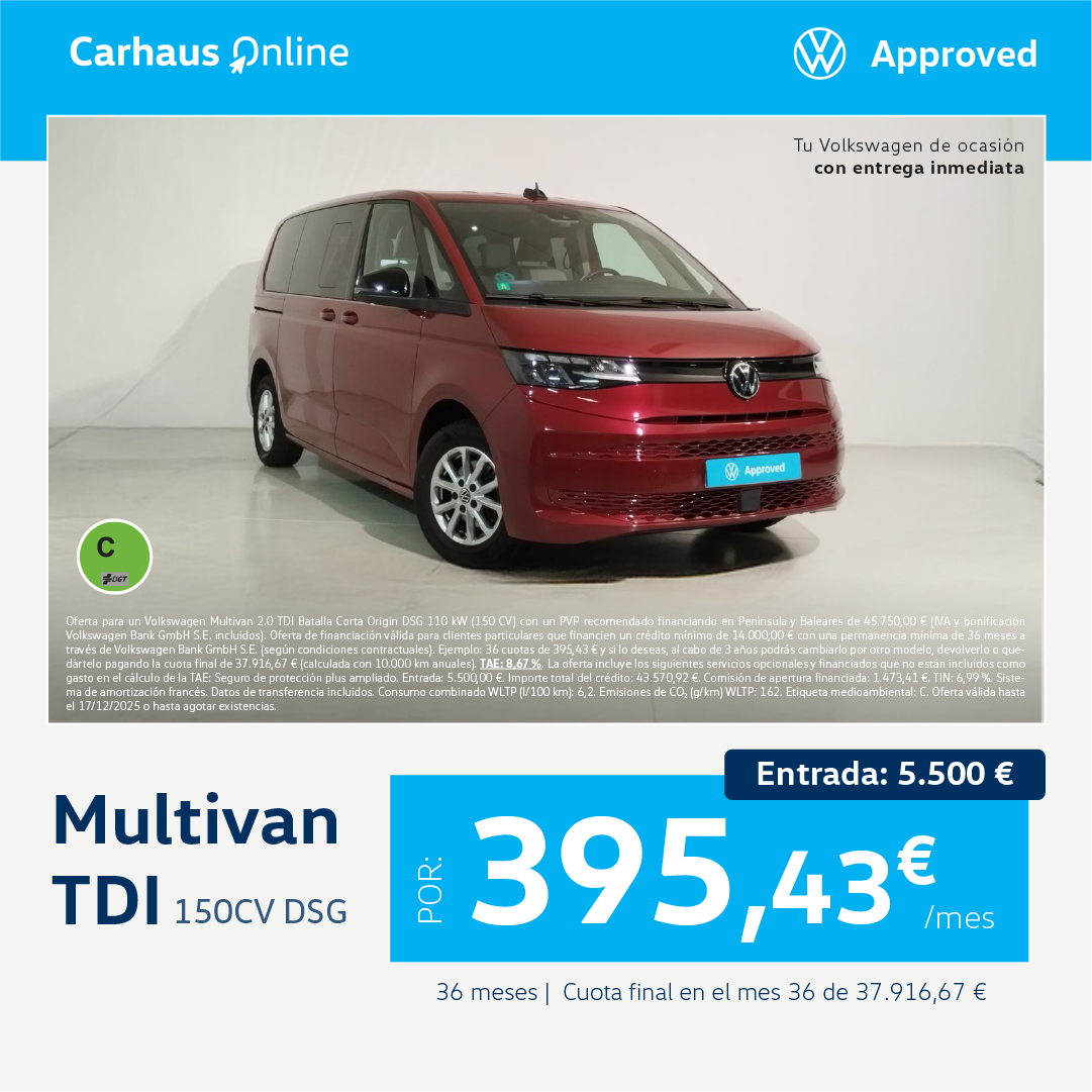 ¡Ocasión! Volkswagen Multivan TDI desde 395,43€*/mes