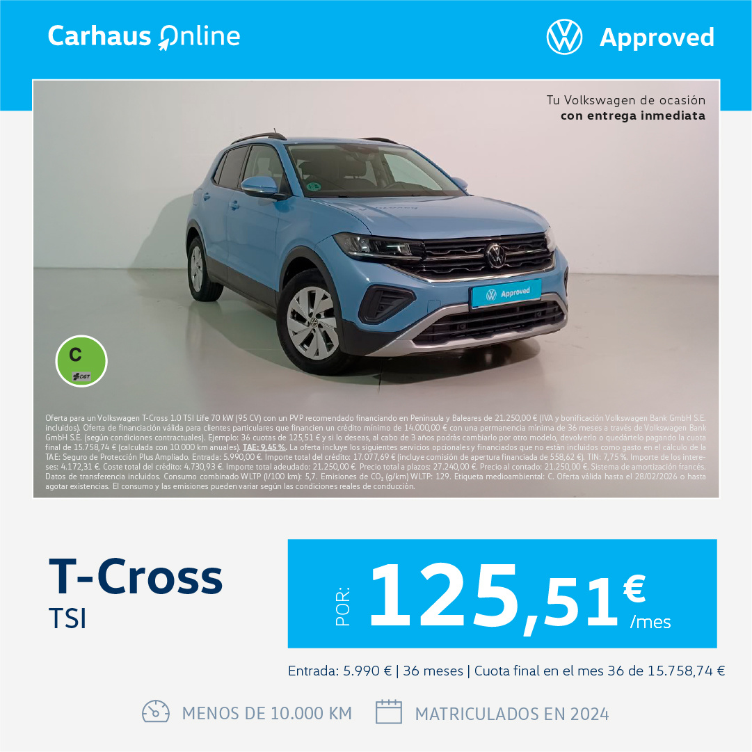 Volkswagen T-Cross TSI por sólo 125,51€/mes*