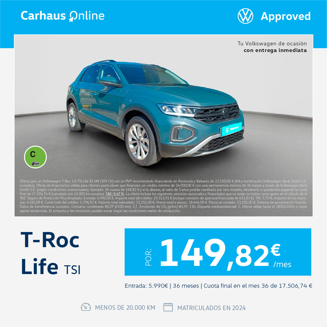 ¡Ocasión! T-Roc Life TSI por sólo 149,82€/mes