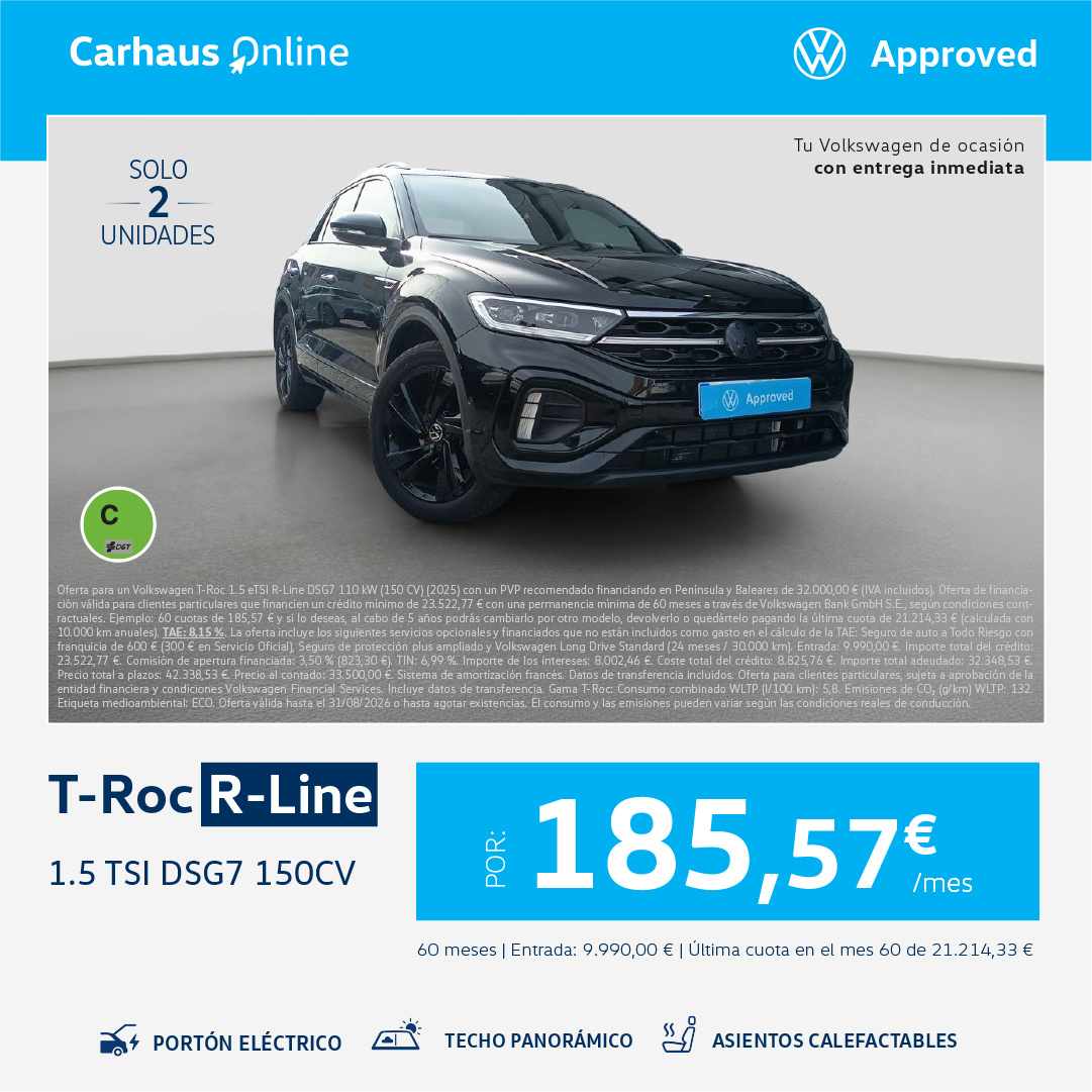 ¡Solo 2 unidades! T-Roc R-Line por 185,57€/mes