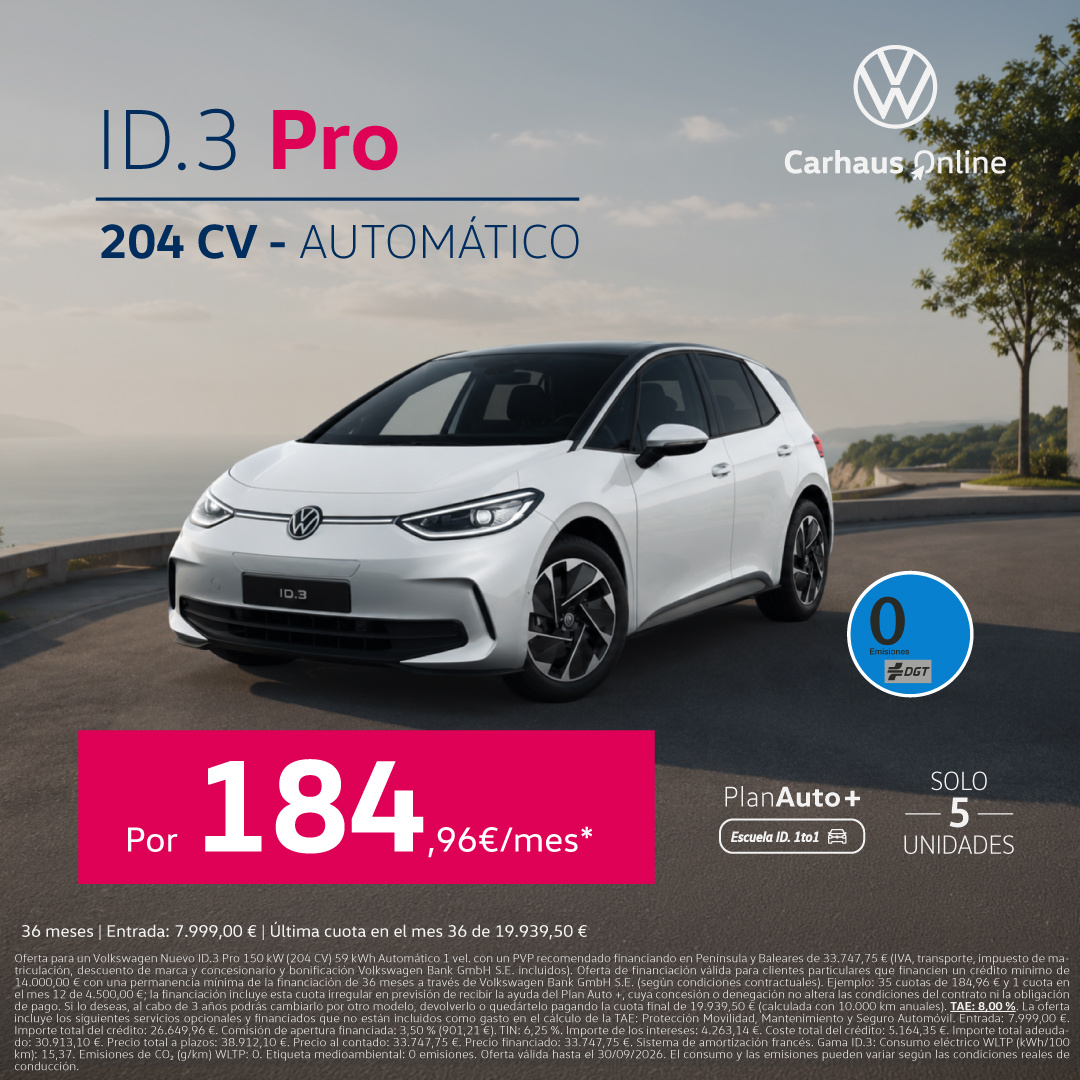 ¡Solo 5 unidades! Nuevo ID.3 Pro por 184,96€/mes