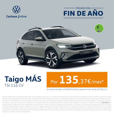 ¡Solo este mes! Taigo Mas por sólo 135€/mes* ¡Solo este mes! Taigo Mas por sólo 135€/mes*