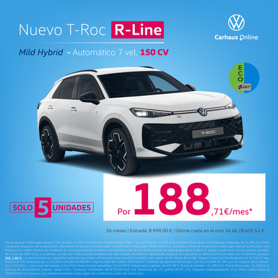 ¡Solo 5 unidades! Nuevo T-Roc R-Line por 188€/mes* ¡Solo 5 unidades! Nuevo T-Roc R-Line por 188€/mes*