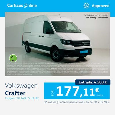 Furgón Volkswagen Crafter Ocasión desde 177,11€/mes* Furgón Volkswagen Crafter Ocasión desde 177,11€/mes*