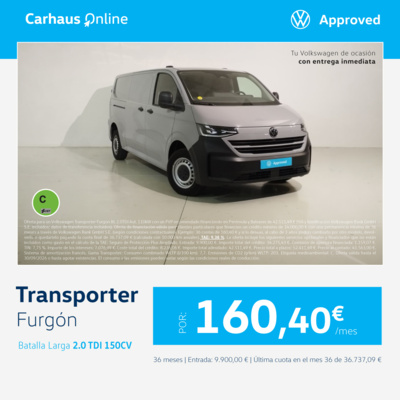 ¡Ofertón! Transporter Furgón 150CV por 160,40€/mes* ¡Ofertón! Transporter Furgón 150CV por 160,40€/mes*