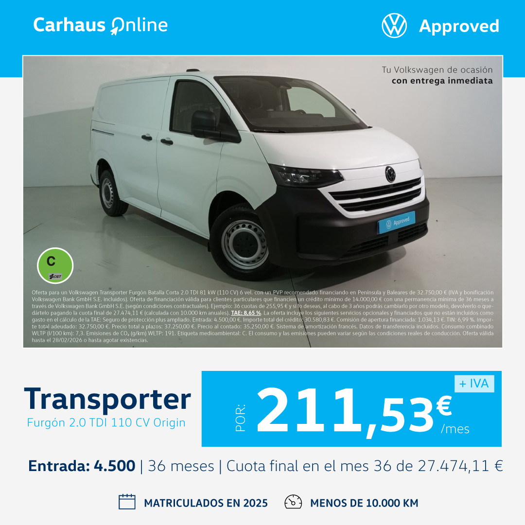 ¡Ocasión! Transporter Furgón 2.O TDI a 211,53€/mes*