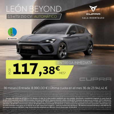 ¡Promoción Stock! CUPRA León Beyond híbrido automático por 117,38€/mes* ¡Promoción Stock! CUPRA León Beyond híbrido automático por 117,38€/mes*